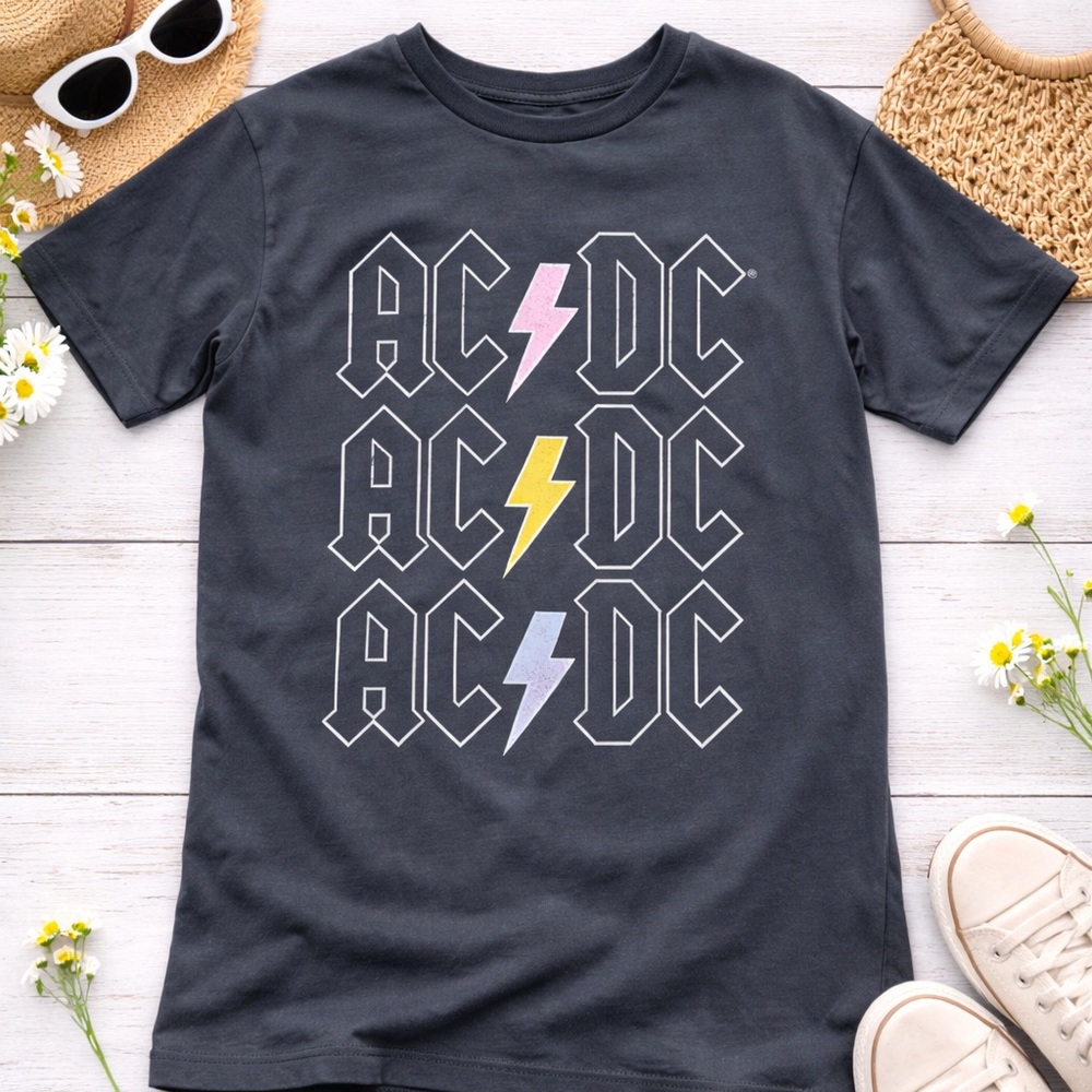 AC/DC women’s Shirt in Black with Pink, Yellow, and White